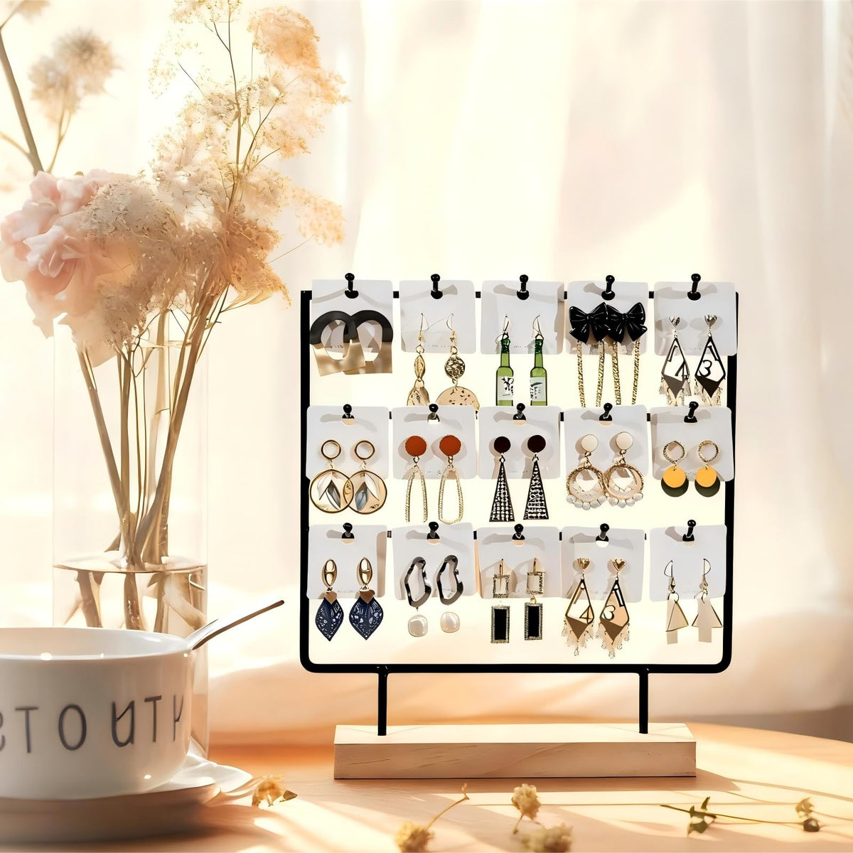 sanbeitang Earring Display Stand for Vendors, 3 Tier Black Wood Earring Rack with 15 Hooks, Stand Holder for Selling for Earring Keychains