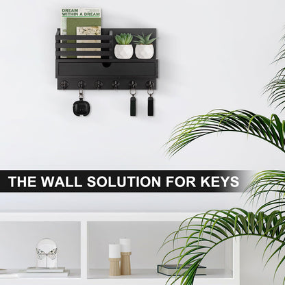 Lucundm Key Holder Wall Mount, Mail Holder with Storage Drawer and 6 Key Hooks for Coat, Dog Leash, Home Decor Rack, House Accessories, Entry Way Organizer