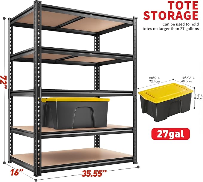 REIBII 2400LBS Storage Shelves 5 Tier Garage Shelving Heavy Duty, Adjustable Metal Shelving Unit, Garage Shelves for Basement, Warehouse, Pantry, Closet, Kitchen 72" H x 35.55" W x 16" D, Black