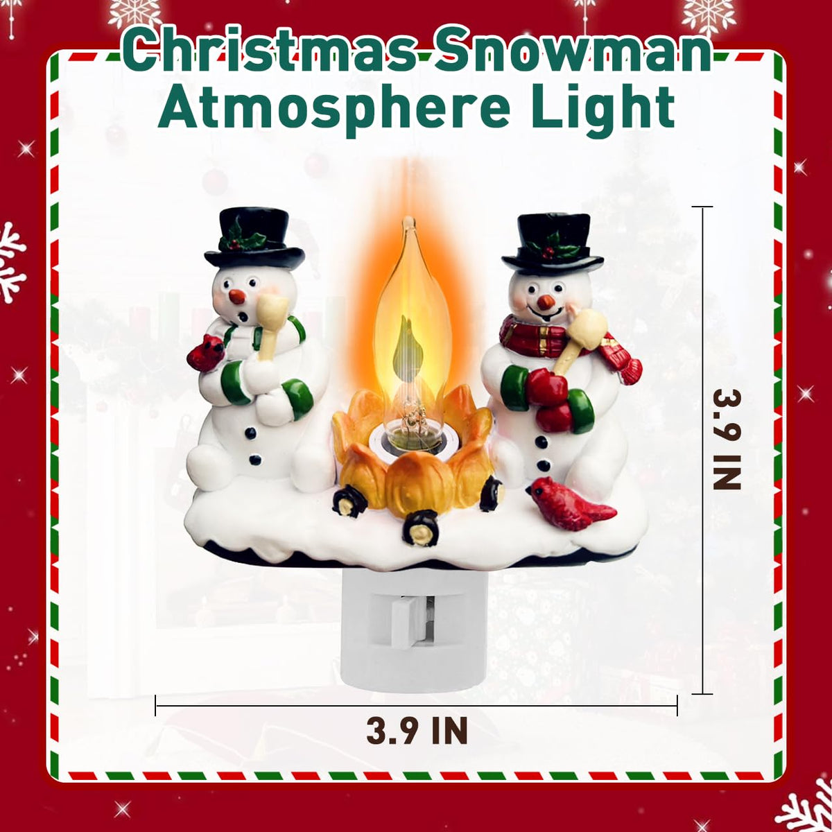 Christmas Decorations，Snowman Campfire Night Light，4 Inch Resin Rotating Plug Christmas Night Light with Flame Flicker Effect, Suitable for Children's Room, Hallway, Living Room, Staircase Decoration