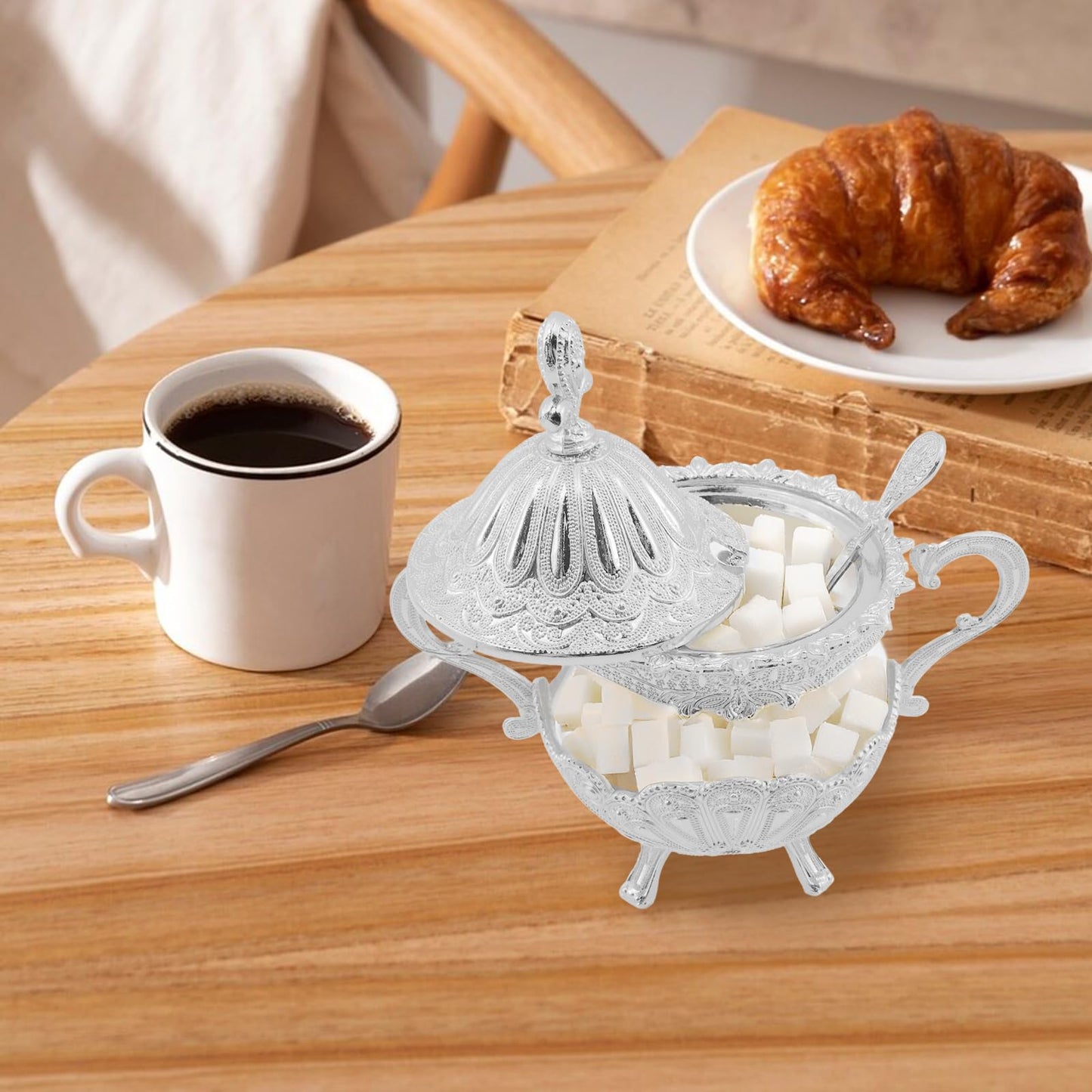 Tsnamay 6.1" Sugar Bowl with Lid and Spoon for Kitchen Coffee Bar and Wedding Party,Sugar Container for Sugar Cube and Powder Sugar,Salt Server,Silver