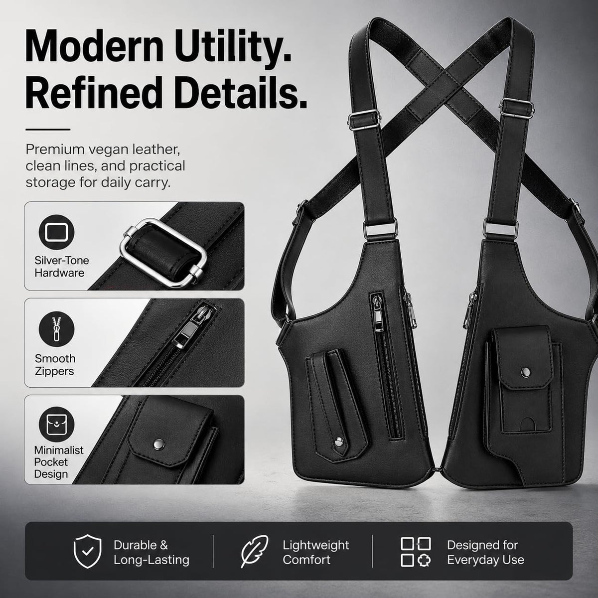 Men’s Underarm Shoulder Holster Bag Anti-Theft Crossbody Sling Bag Concealed Style EDC Pouch Adjustable Straps Multi Pocket (Vegan Leather)