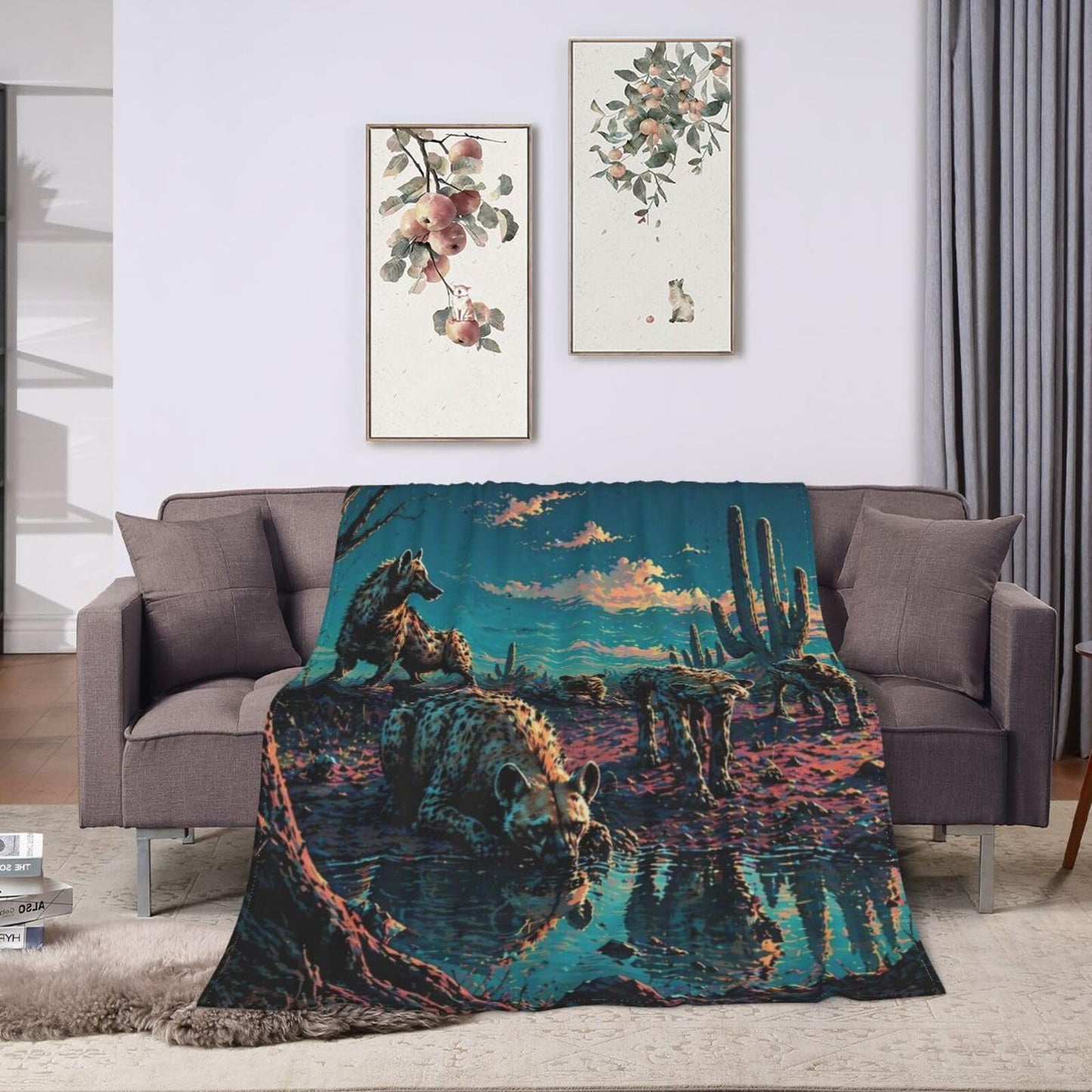Qycazzw Hyena Blanket Gifts for Women Kids, Wild Animal Cactus Flannel Blankets, Warm Cozy Soft Throw for Bedroom, Camping, Couch, Decor 50x60 in