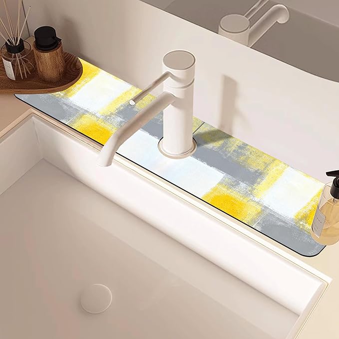 Grey and Yellow Abstract Kitchen Sink Splash Guard Mat Absorbent Fast Drying