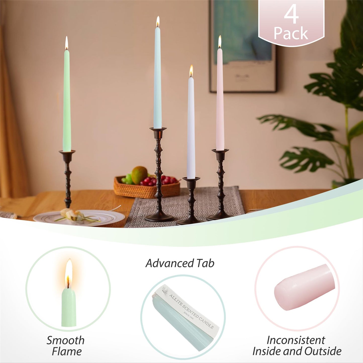 Dripless Candle Sticks Taper Candlesticks,Gedengni 10 Inches Pink Tapered Candles Green Candle Stick Colorful Taper Candles Candy Dinner Candle Wax for Home Party Women Gift,4pcs (8D4P-LIGMIX)