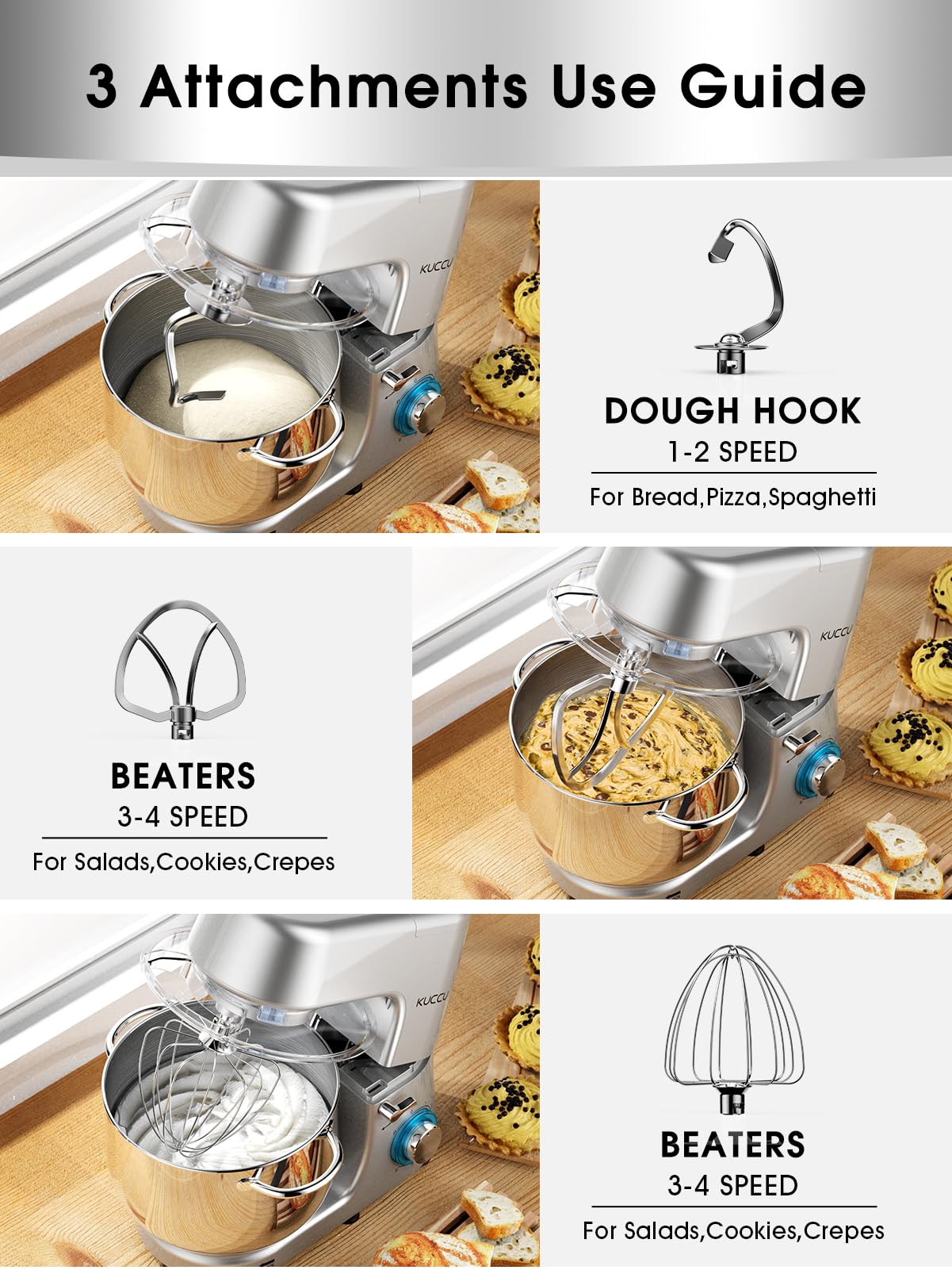 9.5 QT Double Handle KUCCU Stand Mixer, 6 Speed with Pulse Electric Kitchen Mixer, 660W Tilt-Head Food Mixer with Dishwasher-Safe Dough Hook, Flat Beater, Whisk, Splash Guard for home baking (Silver)