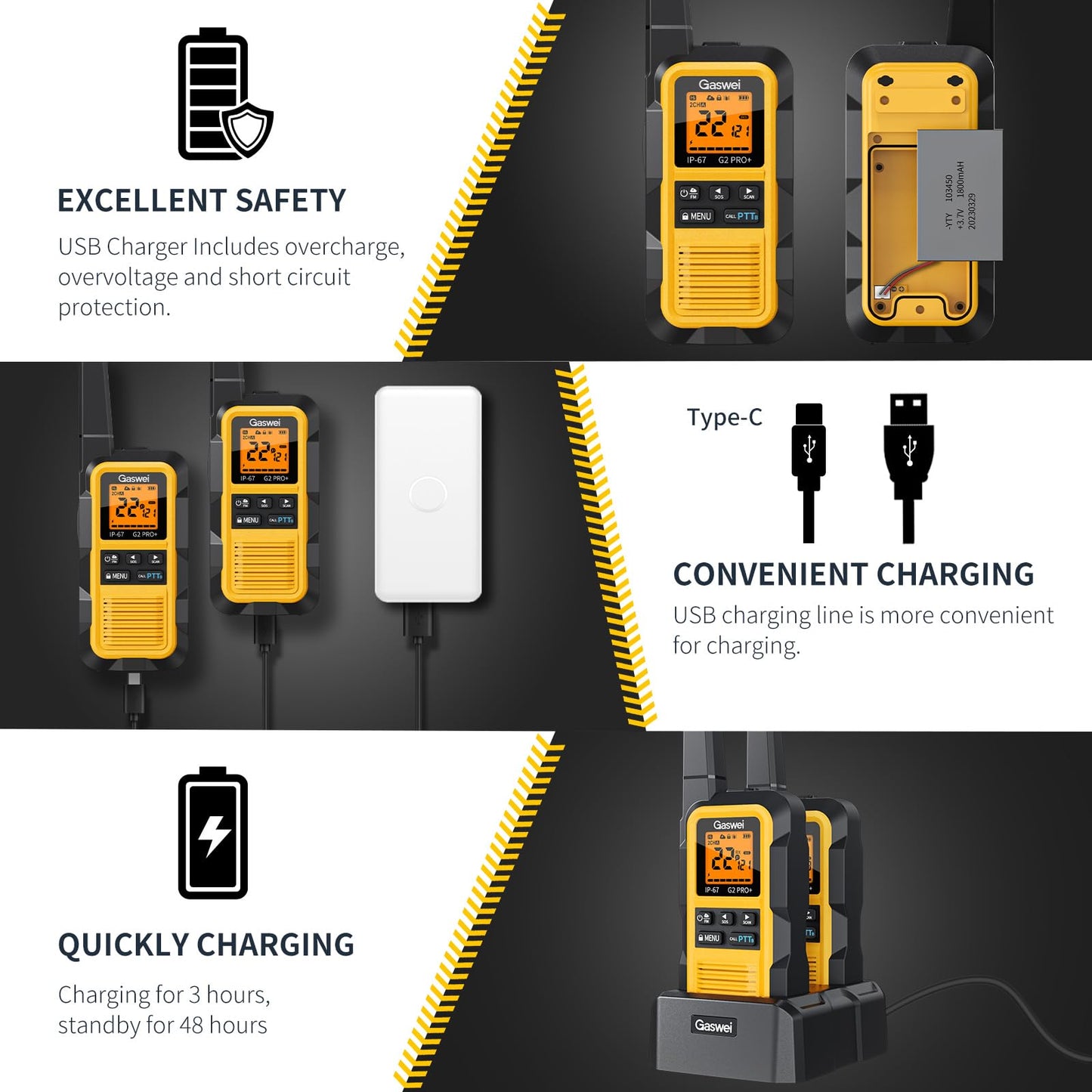 Gaswei G2pro+ IP67 Waterproof Floating Heavy Duty Walkie Talkies Long Range for Adults FRS Double PTT，FM radio,SOS,NOAA weather Rechargeable Two Way Radios 2 watts,VOX,Li-ion Battery (2 Pack - Yellow)