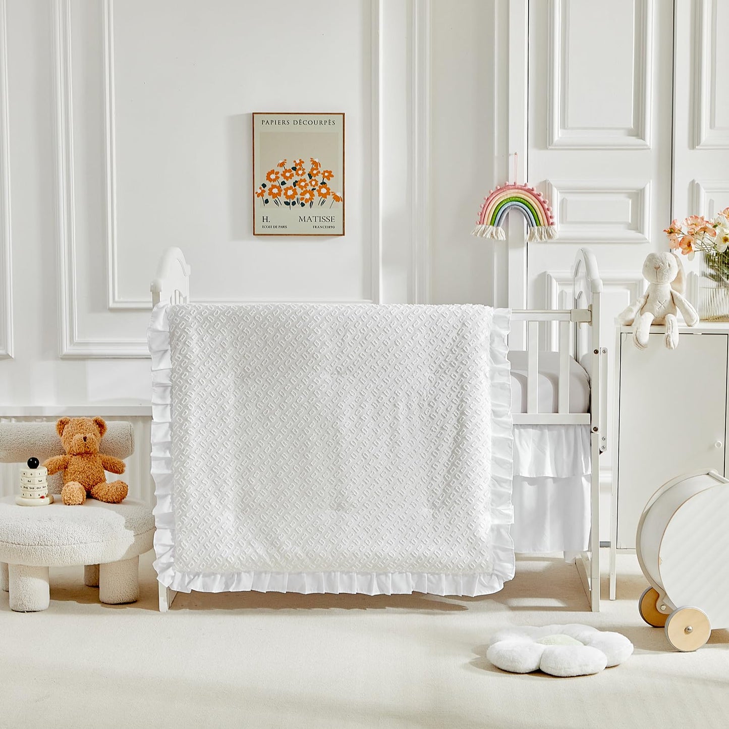 3 Pieces Tufted Crib Bedding Set with Ruffle Fringe, White Ruffled Comforter with Fitted Sheet and Bed Skirt , Soft and Embroidery Shabby Chic Boho Bohemian Jacquard Design for Baby Girls Boys