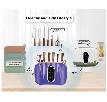 Charmline Smart Cutting Board and Knife Set with Holder, Double Cleaning and Drying Function, Space Saving Smart Home Gadgets, Keeping Kitchen Clean and Tidy, Brown