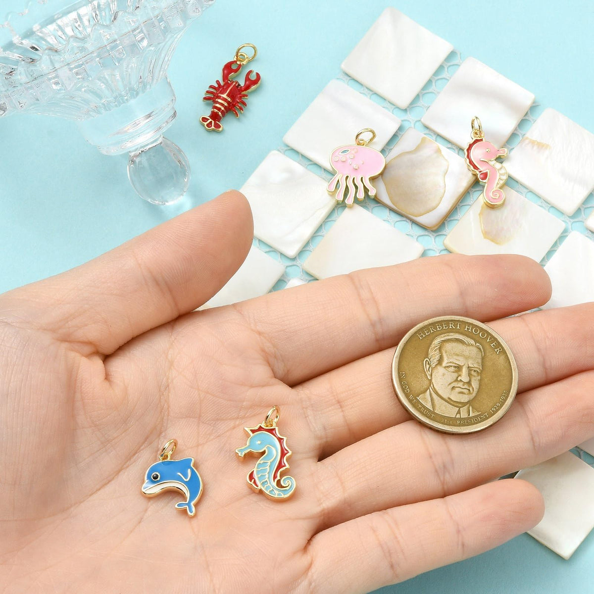 Stiesy Ocean Animal Theme Enamel Charms 5Pcs Brass Jellyfish Lobster Dolphin Sea Horse Marine Life Pendants 18K Gold Plated with Jump Rings for Beach Jewelry Making Sea Inspired Necklaces