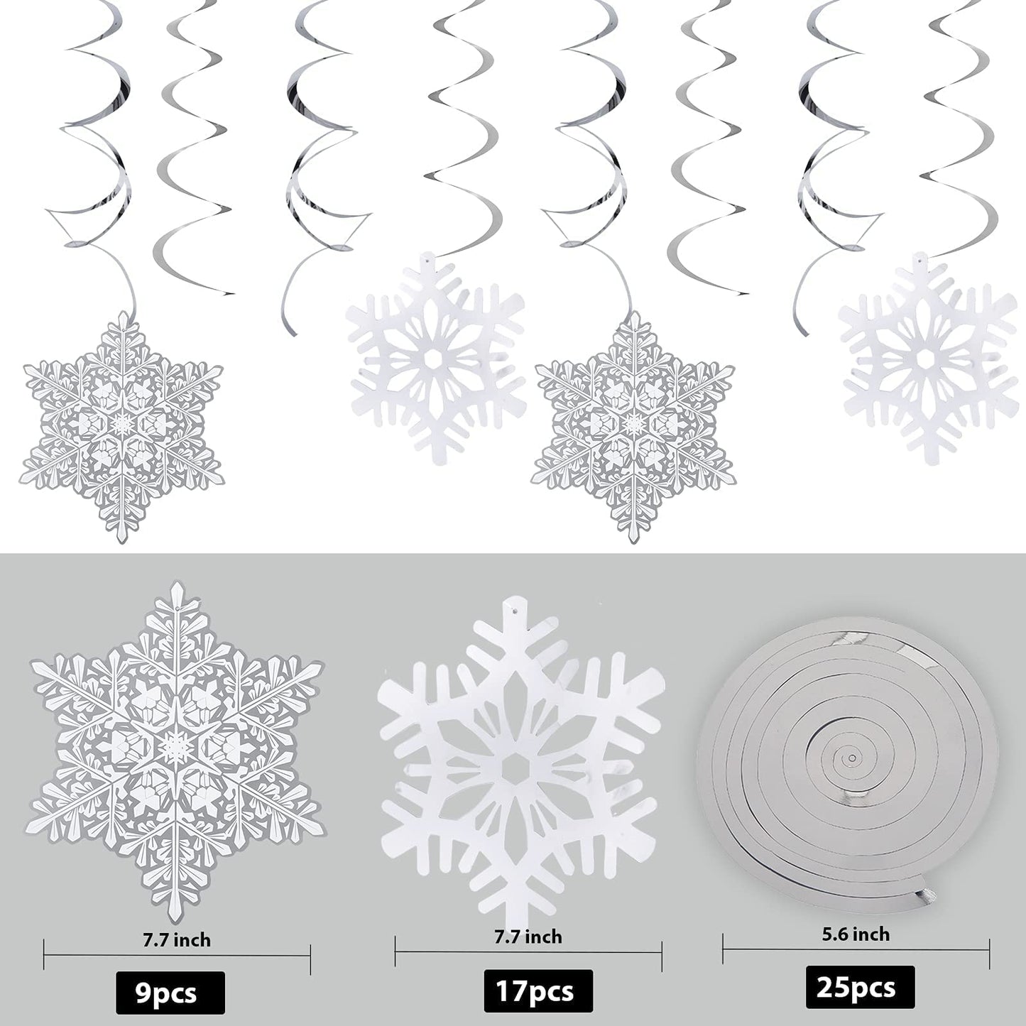 Ouddy Life 51 Pcs Christmas Snowflake Swirl Hanging Decorations, White Silver Snowflake Ornaments Decorations for Christmas New Year Holiday Winter Wonderland Frozen Theme Birthday Party Decorations