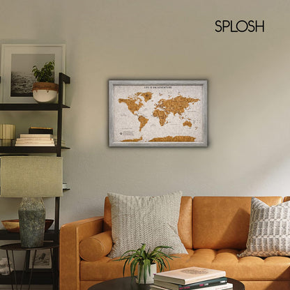 Splosh Framed Travel Map - Grey Small Wooden Pin Board with 100 Pins. Travel Map Cork Board. Wooden World Map, Corkboard Map Travel Gift. Mark your fast & future adventures!