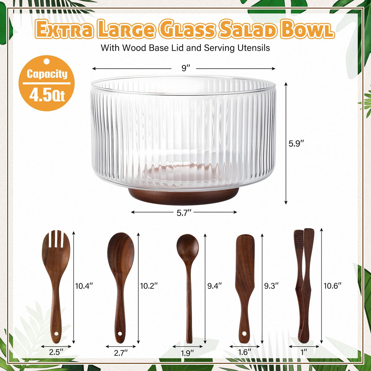 Singhoow Large Ribbed Glass Salad Bowl Set, Party Salad Bowl with Wood Base and Lid as Cheese Charcuterie Board and Plate, Comes with 5 Pieces of Elegant Wood Serving Utensils(9" X 5.9")