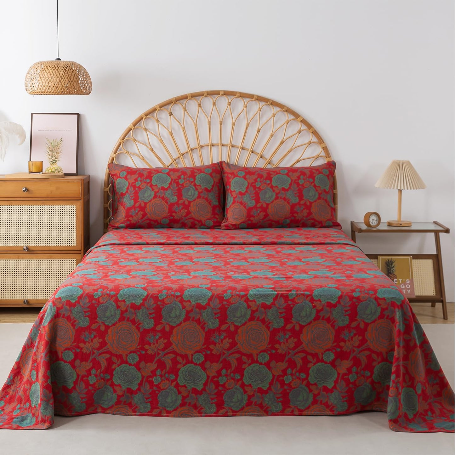 FADFAY Double Gauze 100% Cotton Queen Sheets Set Floral Bed Sheets Deep Pocket Fitted Sheet, Luxury Rose Pattern Shabby Vintage Countryside Style Bedding 4Pcs