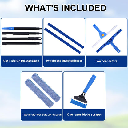 3-in-1 Professional Window Squeegee Kit with 2 Squeegee, 2 Microfiber Scrubber, 1 Razor Scraper, Thick Iron, 63.4" Window Squeegee with Extension Pole for Car, Glass, Mirror, Wall, Bathroom, Home, Van
