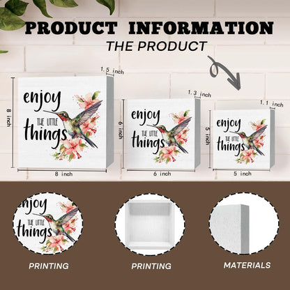 GWOKPAAI Hummingbird Inspirational Wooden Box Signs Desk Decor, Hummingbirds Gifts for Women,Enjoy the Little Things Motivational Wooden Signs Desk Decorations for Home Bedroom Tabletop Shelf,5x5in