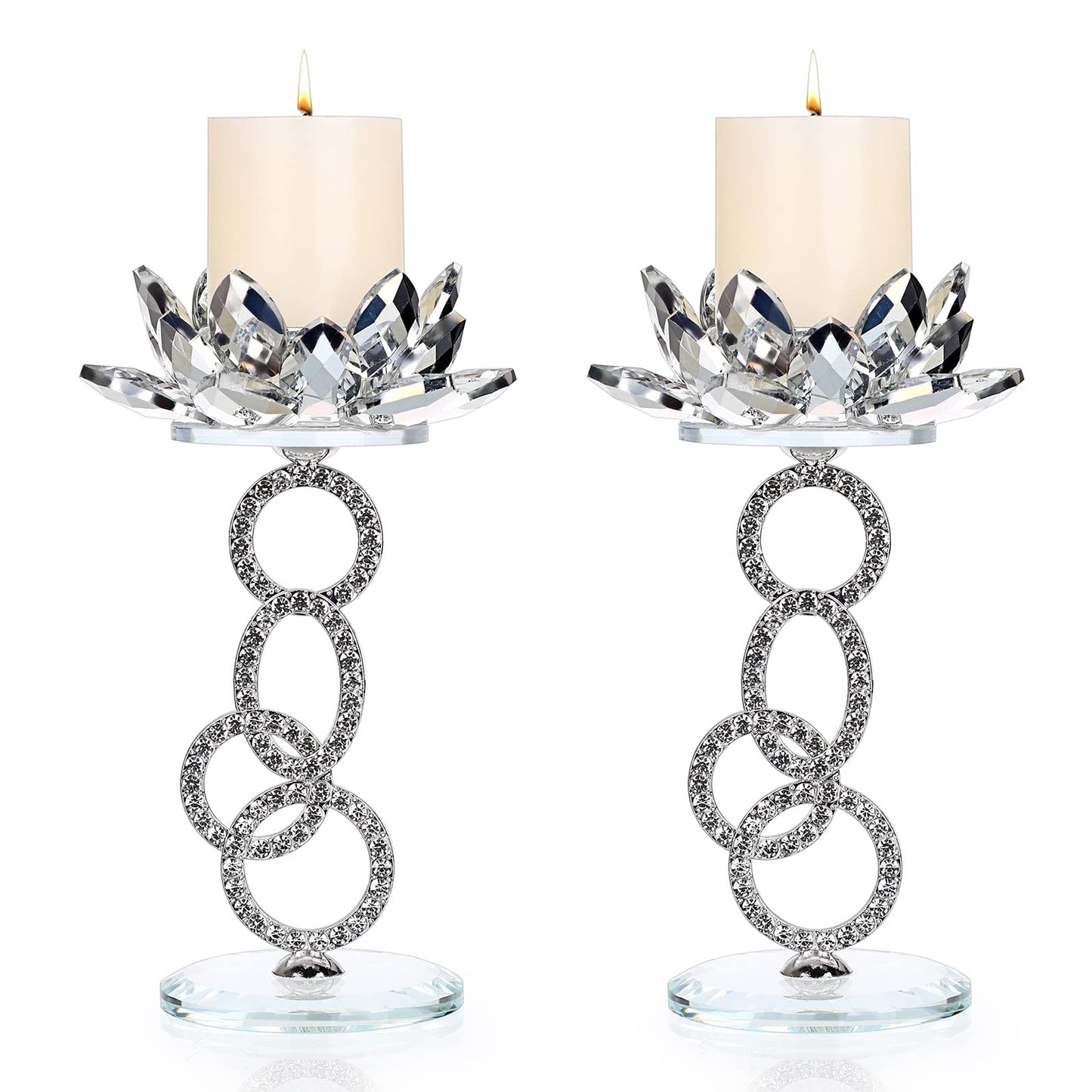 OwnMy Set of 2 Crystal Lotus Flower Candle Holders Metal Glass Lotus Pillar Candlestick Holders, Silver Crystal Lotus Tealight Candlesticks Votive Candle Stands for Wedding Table Centerpiece, 7.5" H