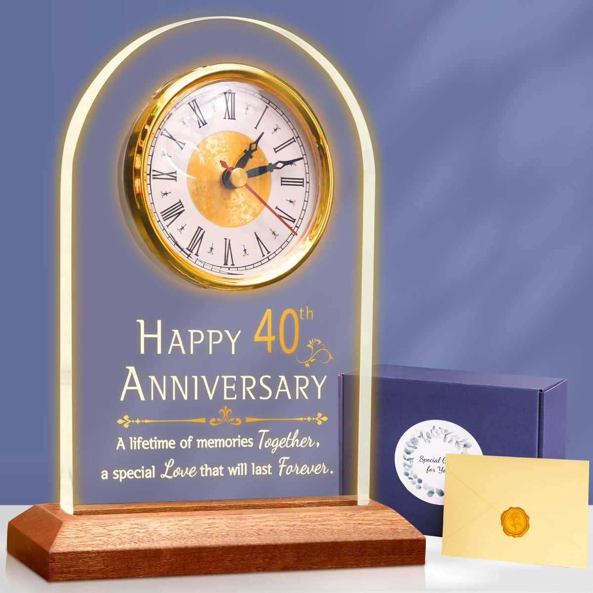 OkiyiD 40th Wedding, Light Up Anniversary Clock with LED Wooden Base for Couples Parents Bedroom Decor, Happy 40th for Husband Wife