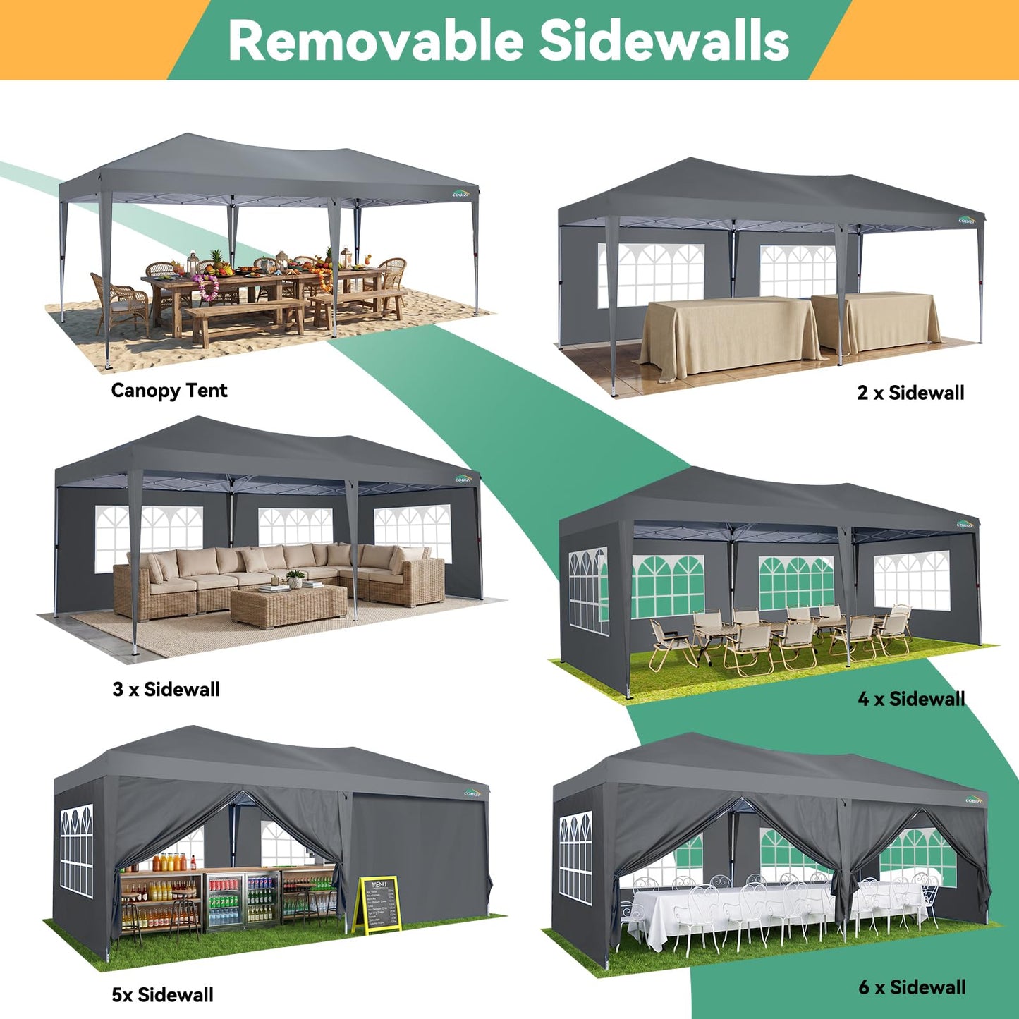 COBIZI 10x20 Canopy Tents for Parties 10x20ft Easy Setup Pop up Tents with Sidewalls & One Push Lock Waterproof Outdoor Large Shelter Party Tent for Wedding Car Port Events Patio Gazebo(Gray)