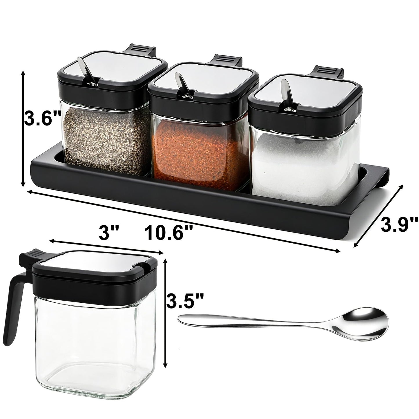 DEAYOU Set of 3 Condiment Jar Spice Container with Lids and Spoons, 10oz Clear Glass Seasoning Box with Tray, Salt Pepper Sugar Storage Container Spice Jar Cruet for Kitchen, Counter