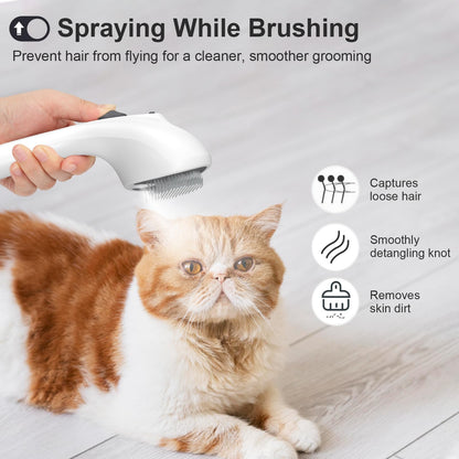 Euqvunn Steam Cat Brush with Release Button, [Ultra-Quiet Design/Comfort-Grip Handle] Pet Spray Dog Brush, Rechargeable Pet Steam Brush for Long Short Hair Cats, Dogs, Rabbits Grooming(Gray-White)