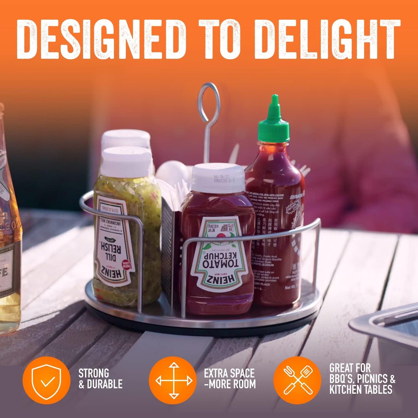 Yukon Glory Rotating Condiment Caddy | Commercial-Grade Stainless Steel | 360-Degree Rotation | 2 Glass Salt & Pepper Shakers | Carry Handle | Patent Pending | Outdoor Grill & Patio