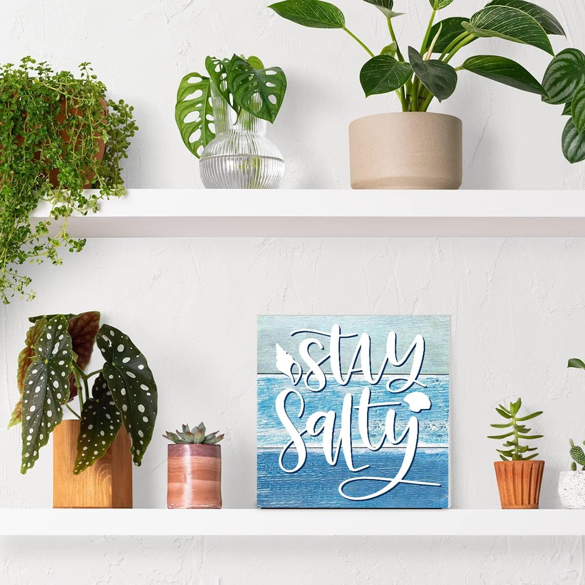 Summer Beach Decorations for Home, Starfish Theme House Room Bedroom Bathroom Decor Classroom, Wood Box Sign 5 X 5 Inch (Stay Salty Sign)