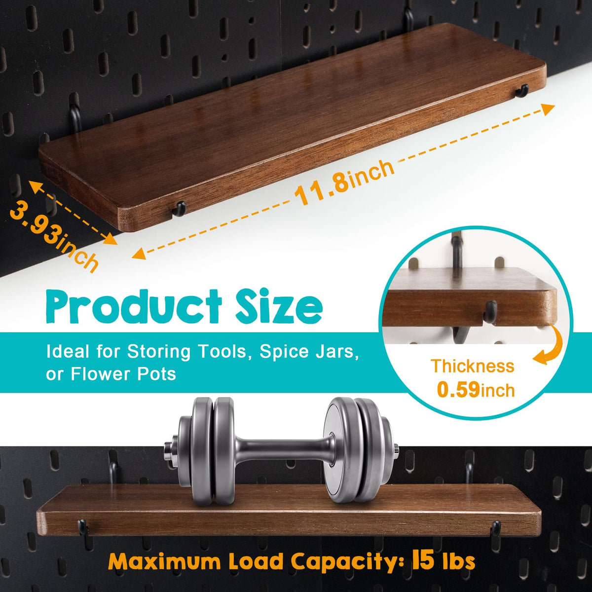 SEMPOMA 2 Pack Walnut Color Pegboard Shelf, Peg Board Organizer Accessories, Compatible with IKEA Skadis Pegboard for Home Office, Craft Room, Gaming