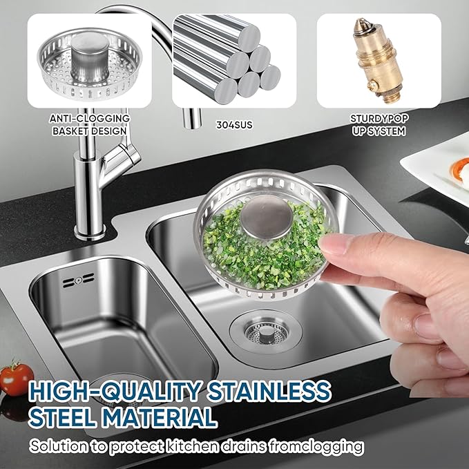 Upgraded 3 in 1 Kitchen Sink Drain Strainer & Sink Stopper, 304 Stainless Steel