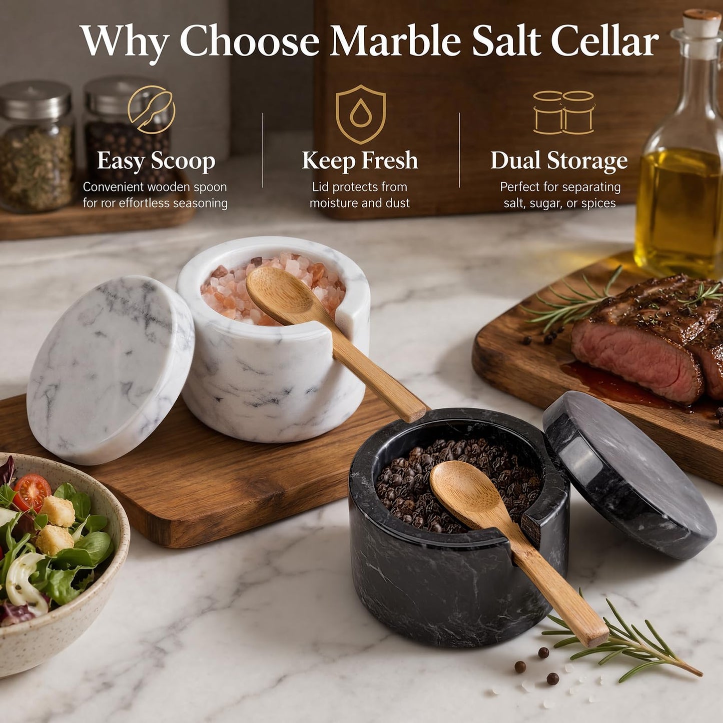 FoldTier 2 Set Marble Salt Cellar with Lid and Wooden Spoon Handcrafted Marble Salt Container Natural Spice Jars White Gray for Pepper Seasonings Small Round for Kitchen