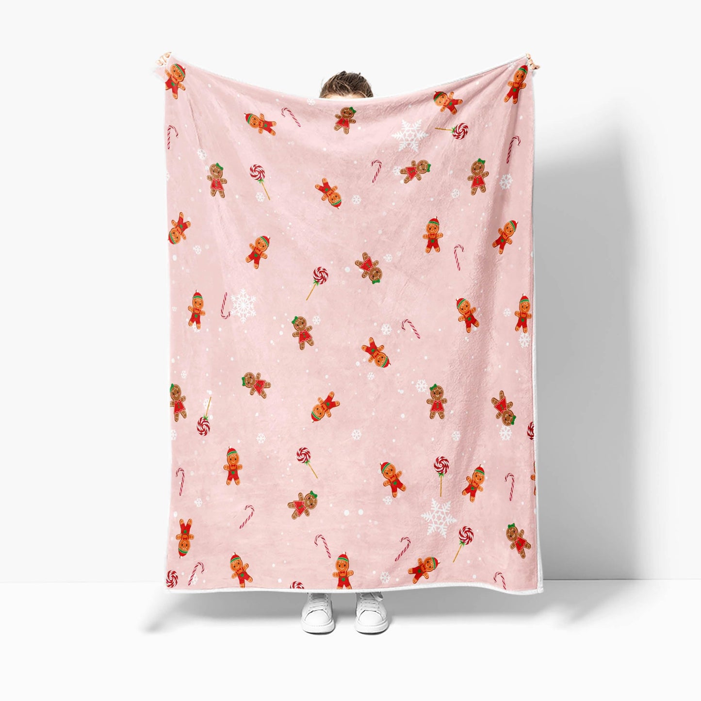 Pink Christmas Gingerbread Throw Blanket, Gingerbread Man Candy Cane Blanket Xmas Winter Flannel Warm Throw Blankets Soft Cozy Decorative for Christmas Home Bed Sofa Couch Decor, 50 x 60 Inch