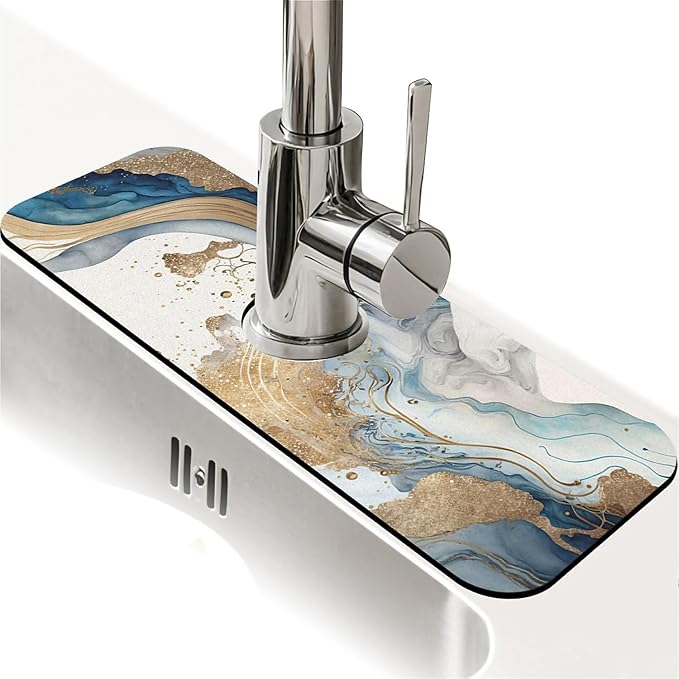 Kitchen Sink Splash Guard，Natural blue and gold marble Faucet Mat Sink