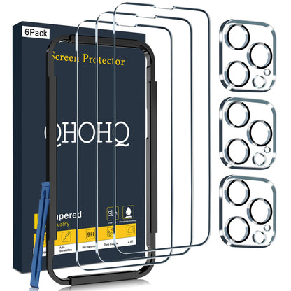 QHOHQ 3 Pack Screen Protector for iPhone 14 Pro 6.1 Inch with 3 Pack Tempered Glass Camera Lens Protector, Ultra HD, 9H Hardness, Scratch Resistant, Case Friendly