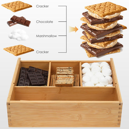 Smores Kits,Bamboo Smores Box with a Lid,Smores Caddy with 6Pcs Extendable Marshmallow Roasting Sticks,Exquisite Smores Kit for Fire Pit Outdoor - Perfect for Outdoor Parties, Entertaining, Camping