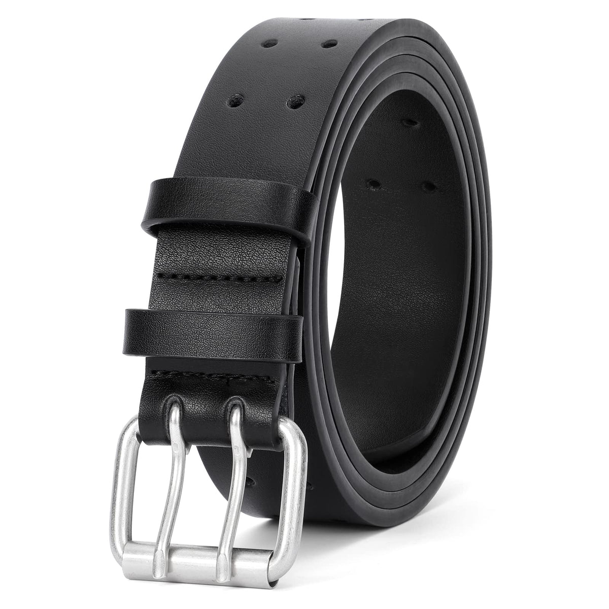 JASGOOD Men Double Prong Leather Belt Casual Work Heavy Duty Belt Double Grommet Holes Belt for Jeans (Black,Suit for Waist Size Below 51")