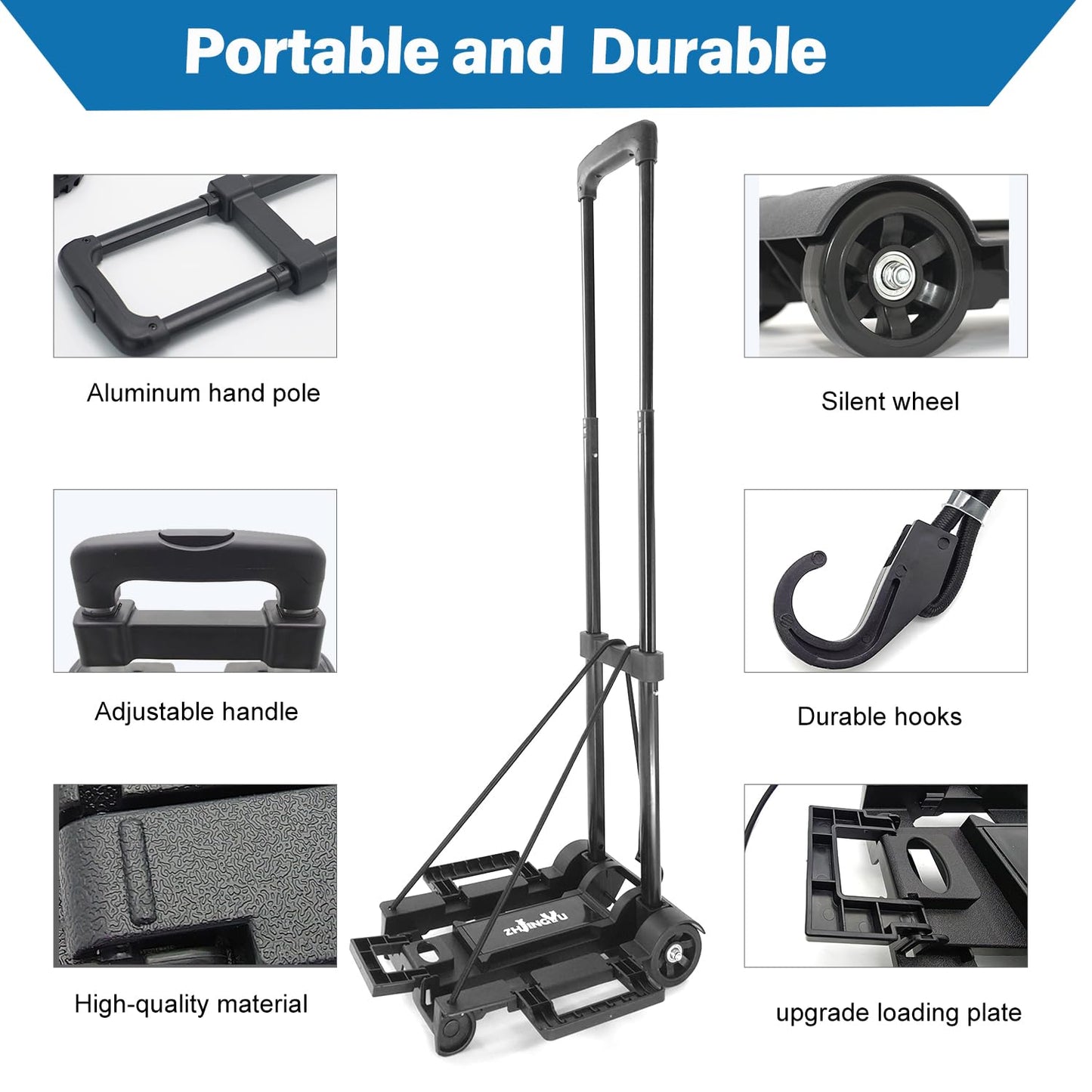 ZHJINGYU 70lbs Folding Hand Truck | Sack Barrow | Steel Foldable Trolley | Adjustable Baseplate & Bungee Cords | 2 Wheel | Folds into Backpack for Lifting Luggage Travel Auto