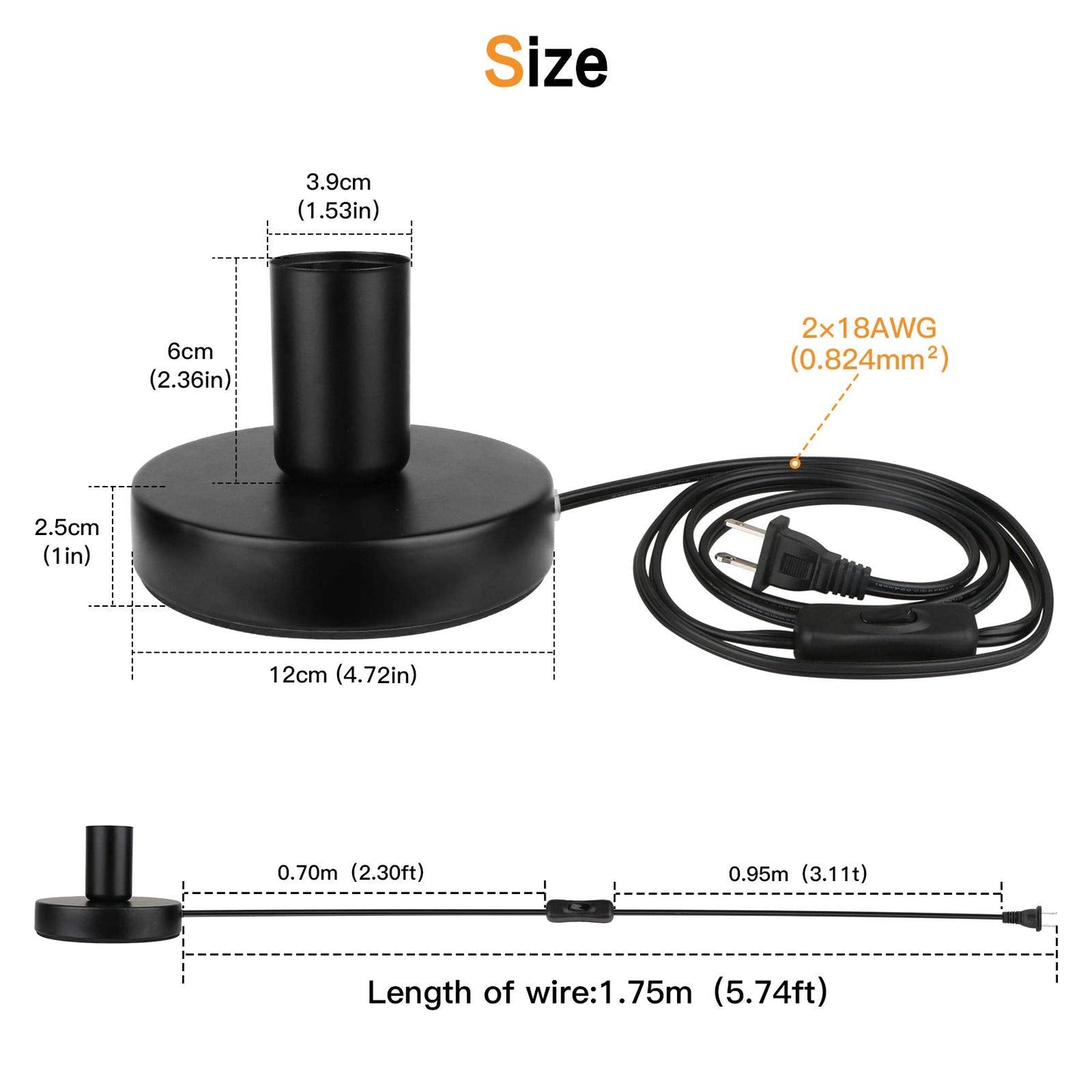 Helunsi Industrial Table Lamp Base, E26 E27 Lamp Base Without Shade, Mini Short Desk Lamp Exposed Bulb Base, Simple Metal Edison Light Bulb Stand, with 5.8ft Cord Switch Plug Bulb Base Holder (Black)