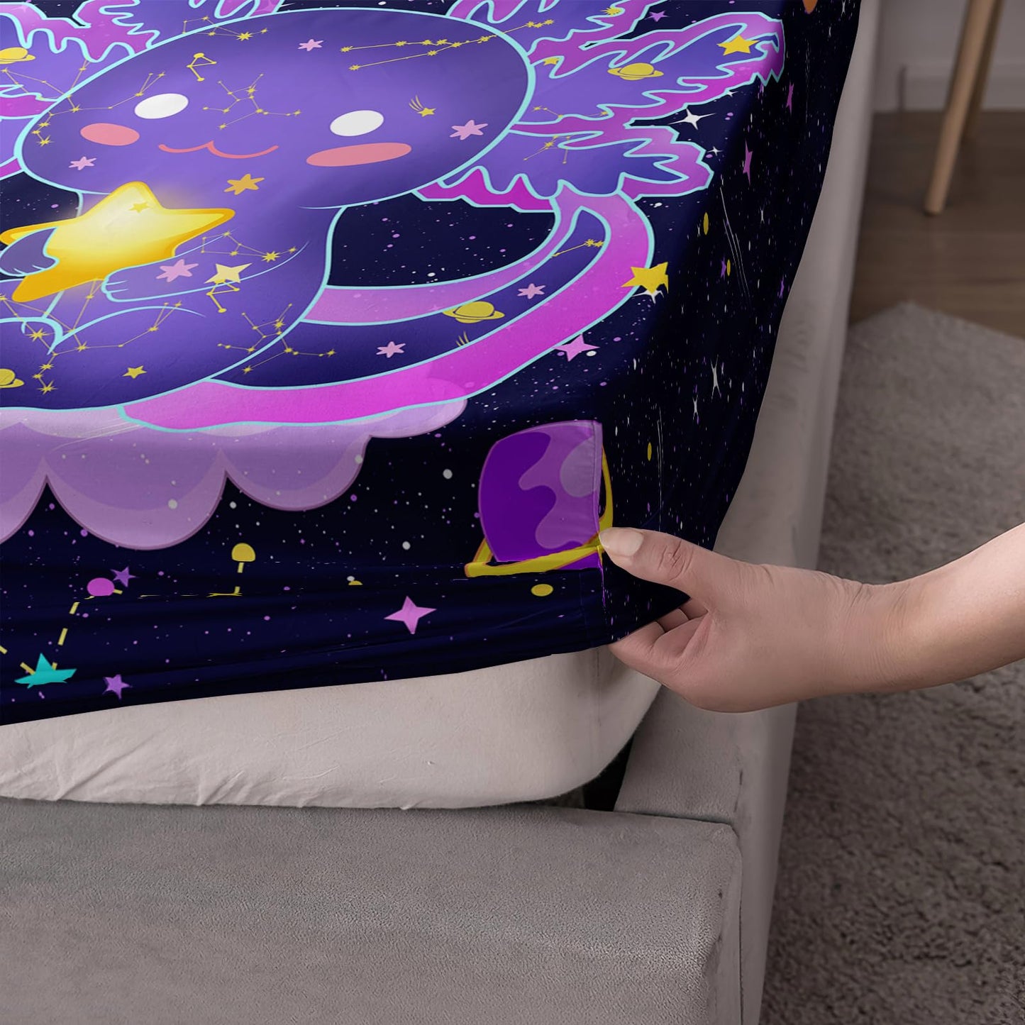 Nttopship Cute Axolotl Bedding Set Queen Size,Violet Axolotl Theme Fitted Sheet 4pcs with 16" Deep Pocket, Kawaii Animals Cartoon Sheet Set for Kids Boys Room Decor(Fitted + Flat + 2 Pillowcases)