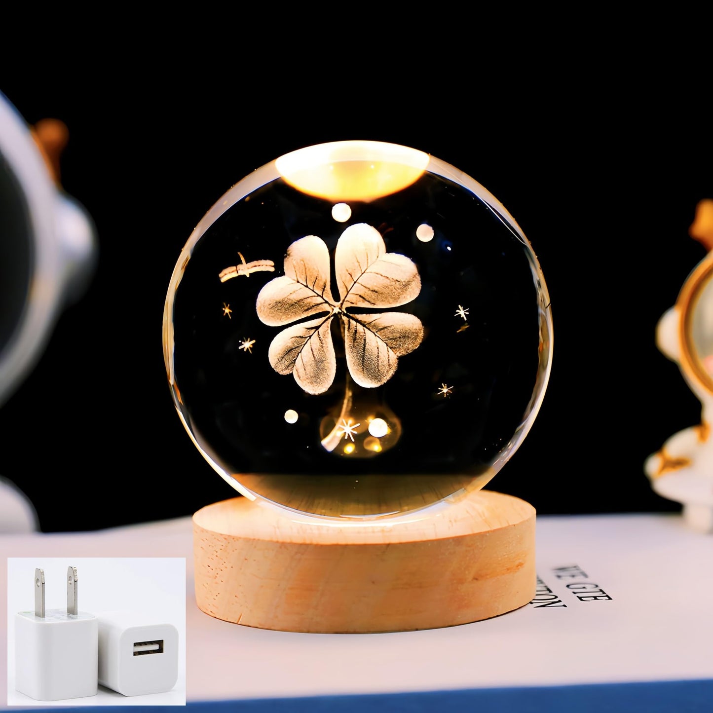 YUANHEN 3D Clover Crystal Ball Night Lamp Warm Light - Compact USB Wall Charger 5V Output 1 for Birthday Christmas Astronomy Space Gifts for Boys Girls