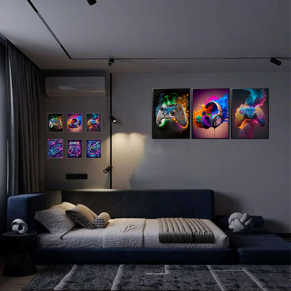SEHSUVC Game Room Canvas Wall Art, 16x12inch 3-Piece set Wood Framed + 6 Pcs 8×10 Posters Prints, Neon Gaming Accessories Theme Gamer Wall Decor Gifts for Boys Youth Children Bedroom Home Decor