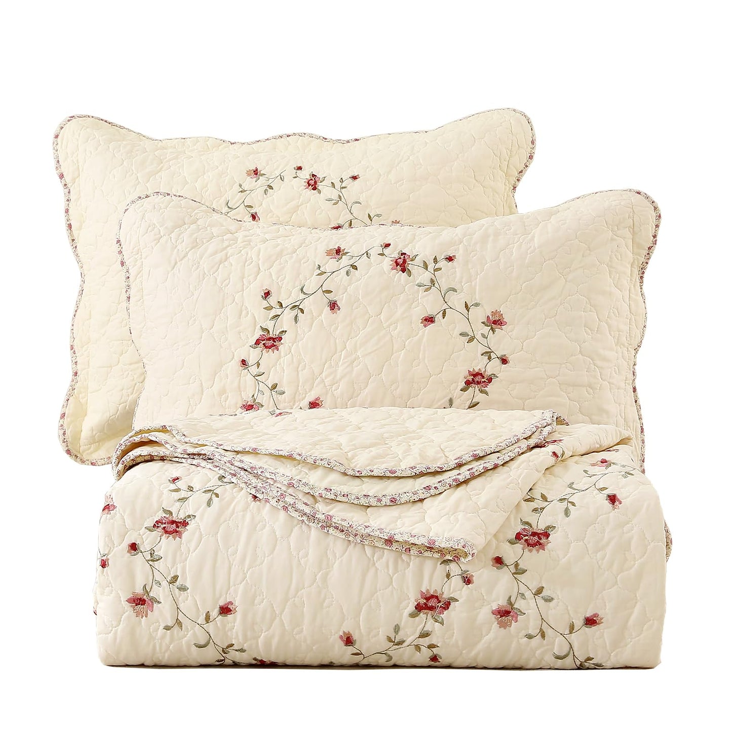 vctops 3-Piece Floral Embroidered Bedspread Coverlet Set Oversize Queen 100% Cotton Reversible Patchwork 1 Quilt and 2 Pillow Shams (Flower,Oversize Queen)