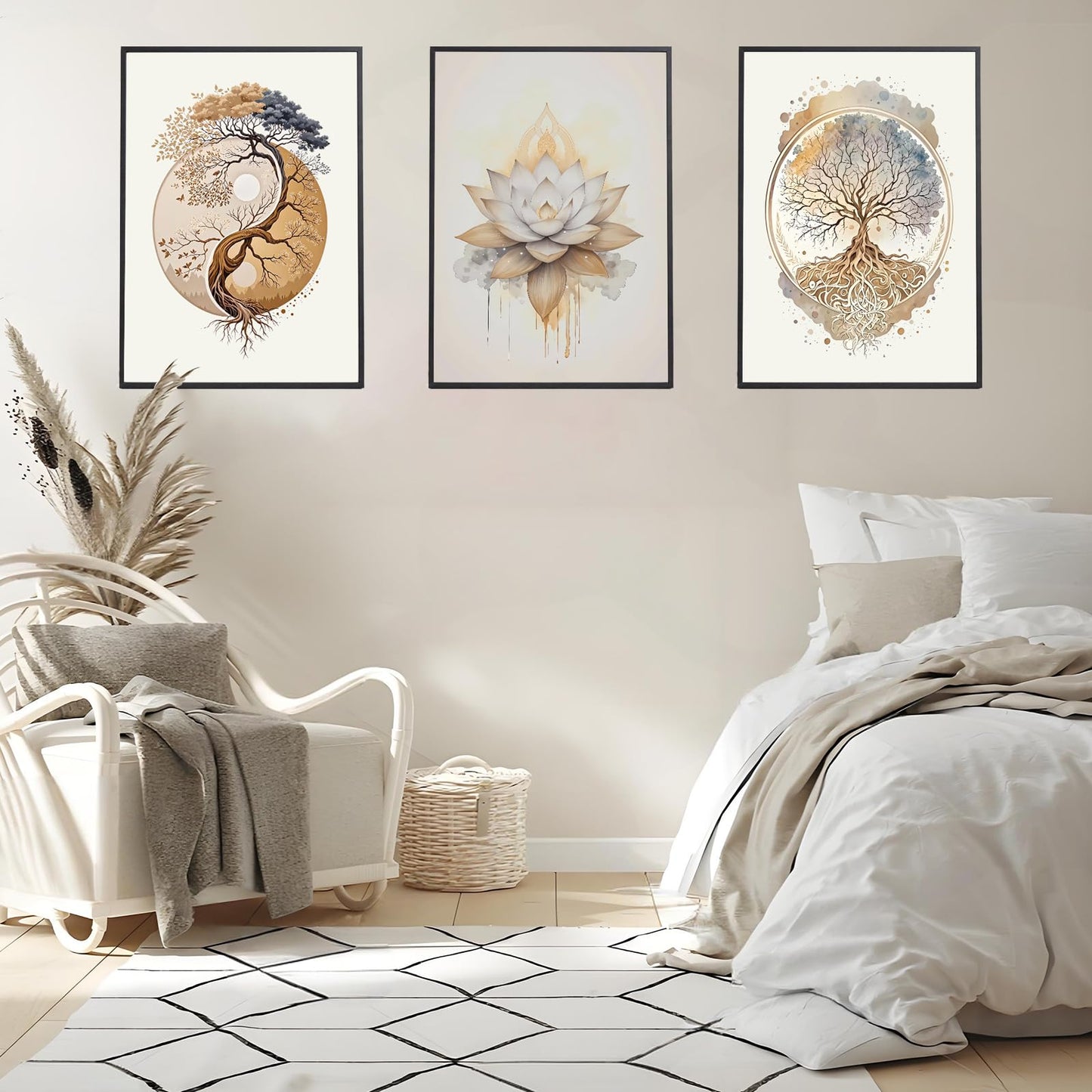 3PCS Tree of Life Cnavas spiritual Wall Art Boho Sacred Geometry Posters Print Art Lotus Zen Pictures Wall Decor Abstract Yin Yang Fall feng Shui Artwork for Living Room Yoga Room Bedroom Home Decoration16*24 in ( Poster No Frame)