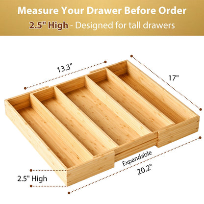 Umilife Expandable Kitchen Drawer Organizer, 2.5" High Bamboo Utensils Silverware Tray, Adjustable Large Deep Wood Organization Holder
