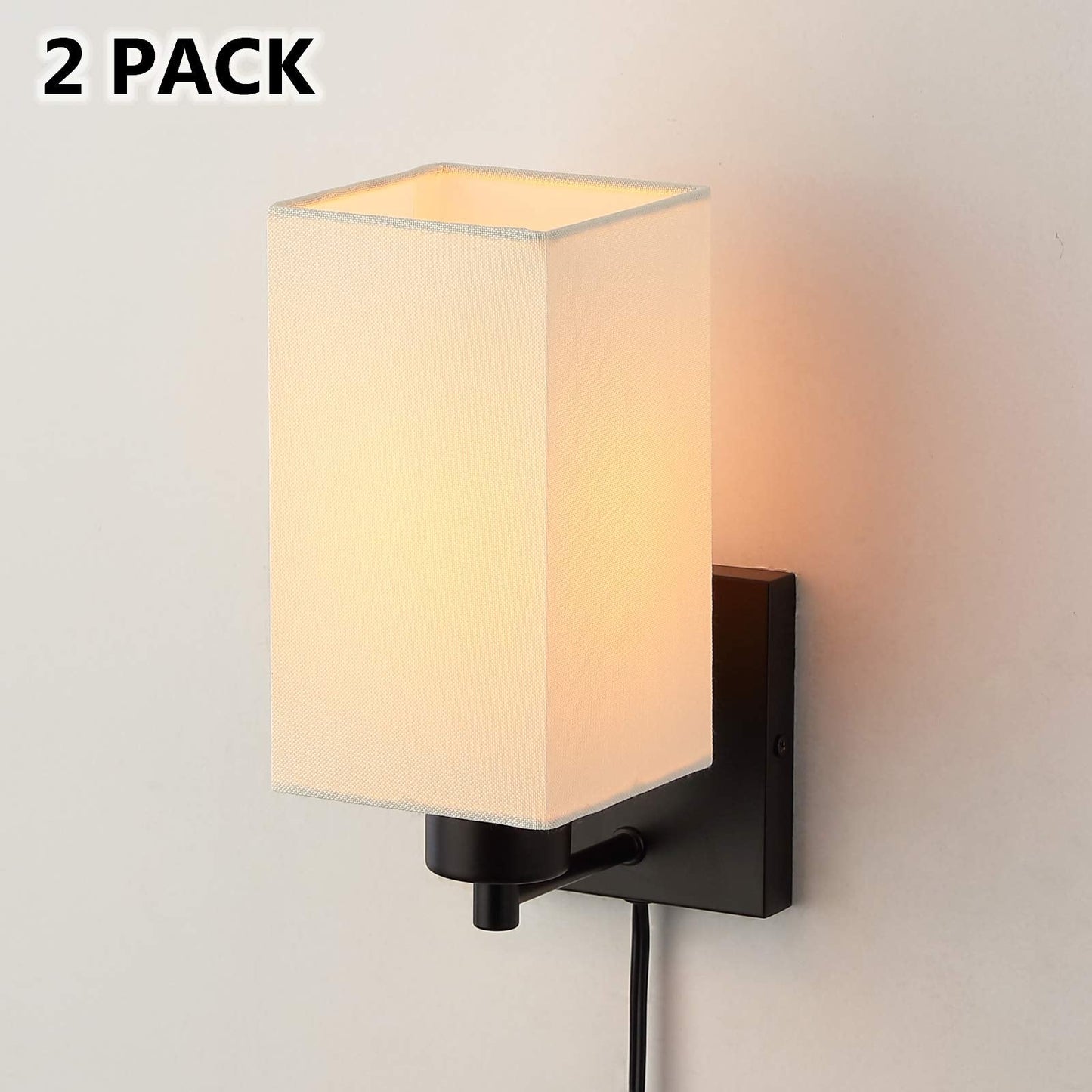 KOONTING® Plug in Wall Sconce Set of 2, Rustic Wall Lamp with Plug-in Cord and On/Off Toggle Switch, Beige Fabric Shade Wall Light Fixture for Headboard Bedroom Living Room Hallway
