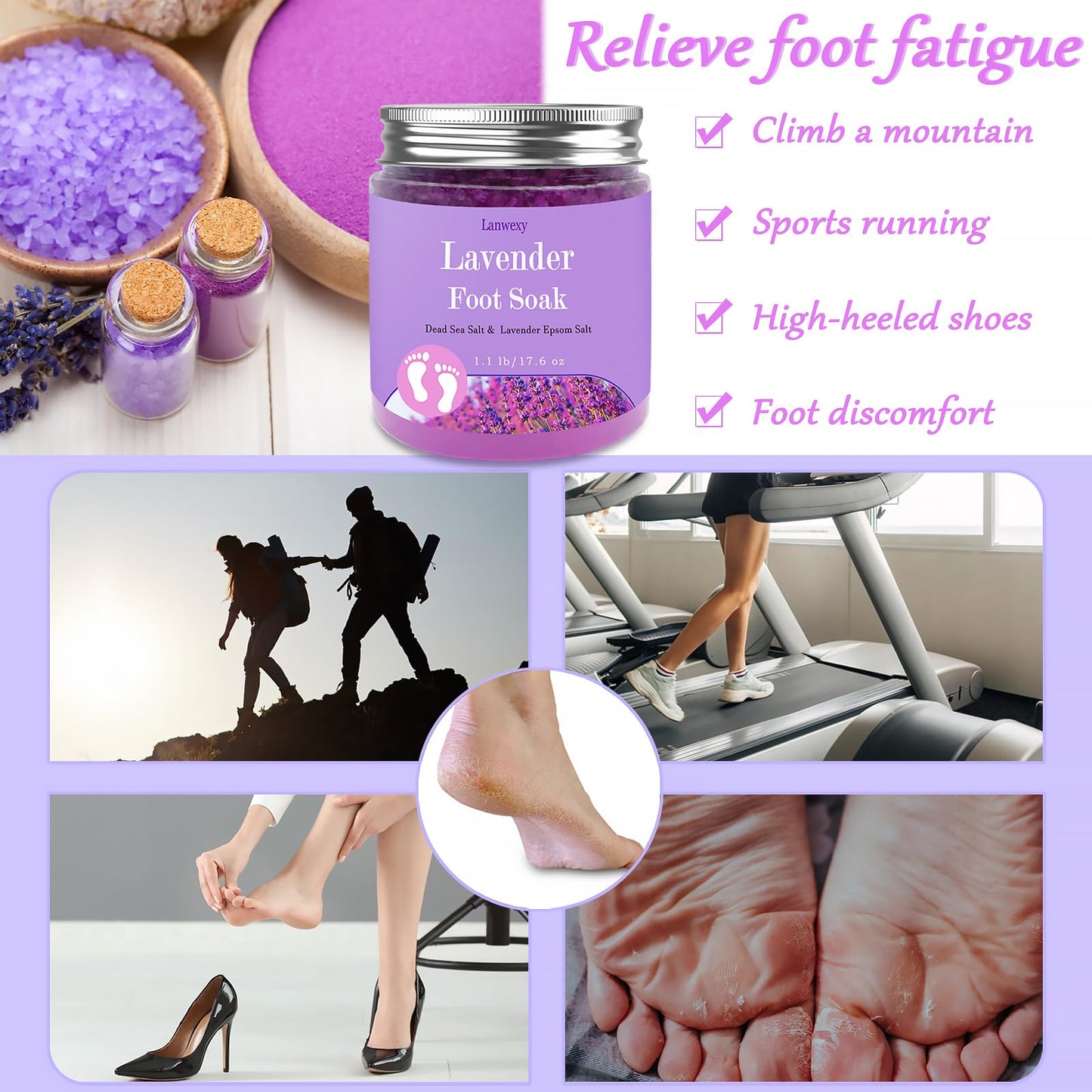 Lavender Foot Soak with Epsom Salt and Sea Salt. Organic Natural Handmade Spa Pedicure Care For Foot Callus, Dry Cracked, Tired Feet, Stubborn Foot Odor Scent.(1.1 Lbs）