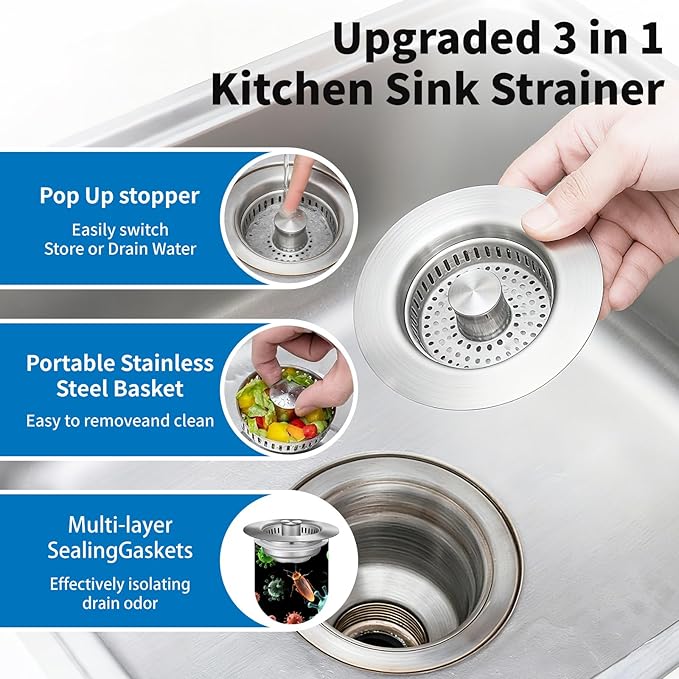 3-in-1 Kitchen Sink Drain Strainer : Pop Up Sink Stopper, 304 Stainless Steel