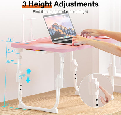 DECOSIS Bed Desk Height Adjustable, Bed Laptop Table with USB/Storage Drawer/Cup Holder/Tablet Stand/Book Shelf, Foldable Breakfast Tray Portable for Reading Writing, Bed, Sofa & Floor, Wood, Pink