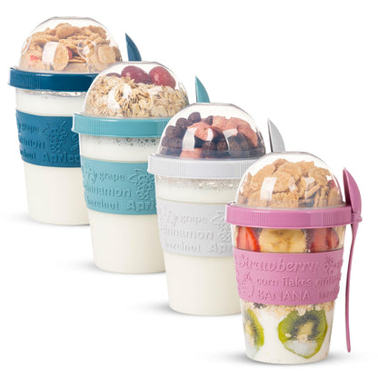 EYNEL 4 Pack Reusable On The Go Yogurt Parfait Cups, Breakfast Plastic Containers with Lids and Spoons, Perfect Jars for Overnight Oats Cereal Granola Oatmeal Smoothies and Snack Prep