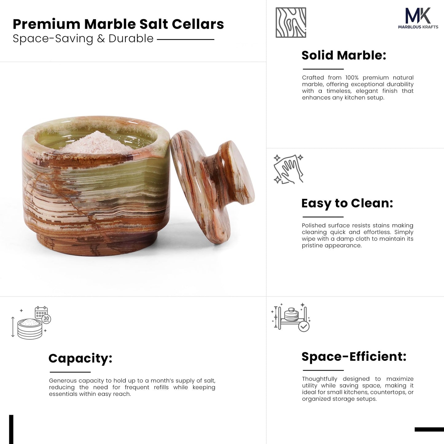 MARBLOUS KRAFTS Marble Salt Cellar with Lid 3" Inch Green Salt Jar & Table Salt Storage For Kitchen Countertop, Salt Container, Salt Dish & Sugar Bowl For Table