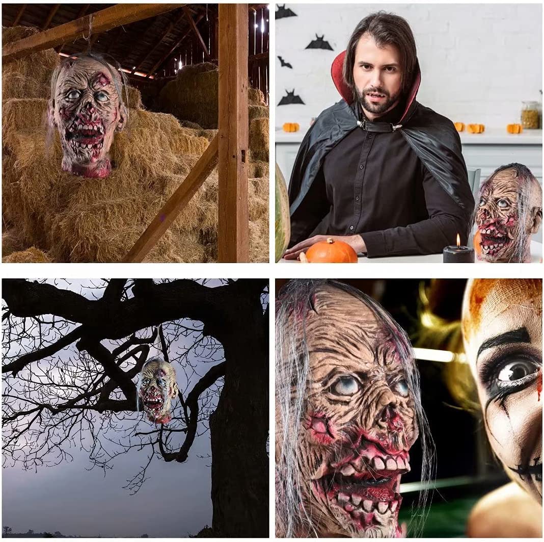 Halloween Decoration Props, Scary Hanging Severed Head Life-Size Bloody Latex Zombie Head for Haunted House Halloween Party Yard Bar Decor
